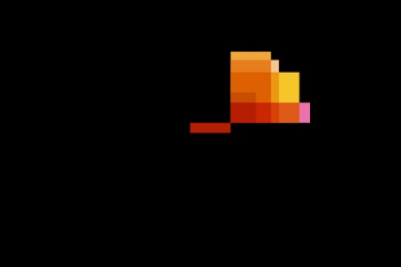 A pixelated image of a duck, rendered in simple blocks of orange and yellow colors on a black background.