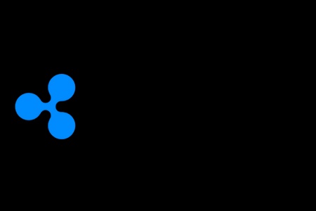 This image features a blue logo on a black background.