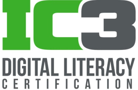 Logo of IC3 Digital Literacy Certification featuring the text 'IC3' in large green font beside the phrase 'Digital Literacy Certification' in black.