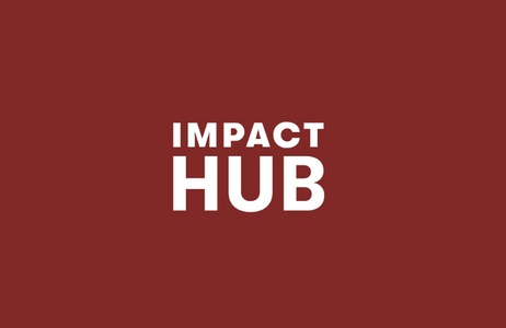 A logo design for Impact Hub displayed on a red background.