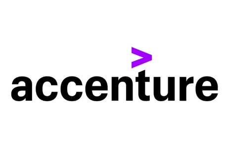 The logo of Accenture, featuring a bold black font with a purple arrow.
