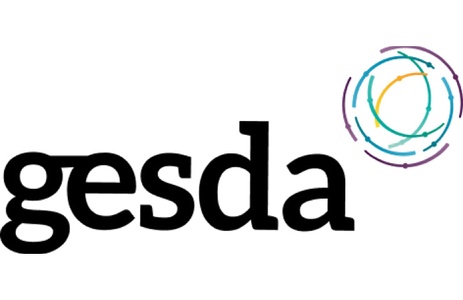 A logo featuring the name 'gesda' accompanied by a circular abstract graphic.