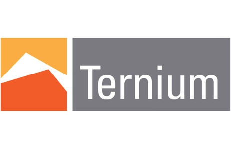 This image displays the Ternium logo featuring geometric shapes in orange and gray.