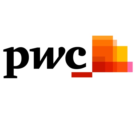 The image shows the logo of PwC, featuring black text and a stylized, colorful building graphic.