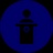 A simple icon of a person standing behind a podium, represented on a solid blue background.