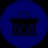 A simple icon of a building with a central arch and two columns on a dark blue background.