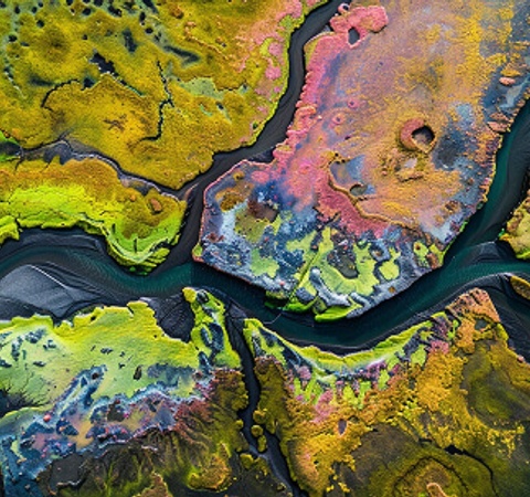 An aerial view of a colorful landscape featuring vibrant hues of green, yellow, and purple in the terrain and waterways.