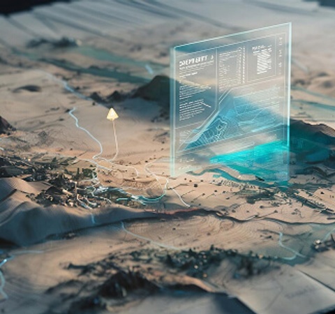 A digital landscape illustration featuring a 3D map with holographic data displays.