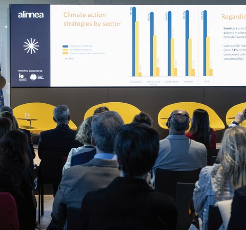 A speaker presents climate action strategies to an audience during a conference.
