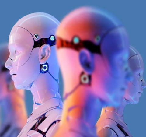 A series of robotic heads in profile view, showcasing varying skin tones under a blue light.