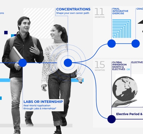 A visual infographic depicting a educational program timeline with key phases such as labs, internships, and graduation.
