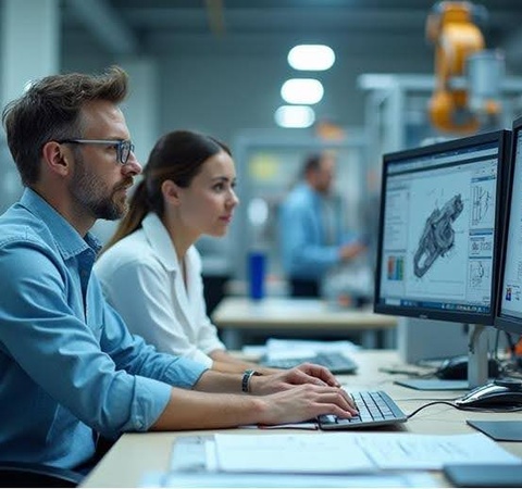 A man and a woman working on computer-aided design in an office environment.