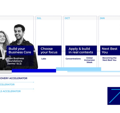 This image illustrates the program structure for a business course timeline with various activities and milestones throughout the year.