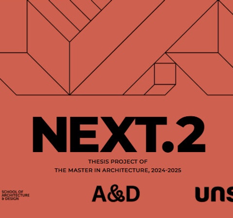 A graphic design featuring the text 'NEXT.2' and details about a thesis project for a Master's in Architecture.