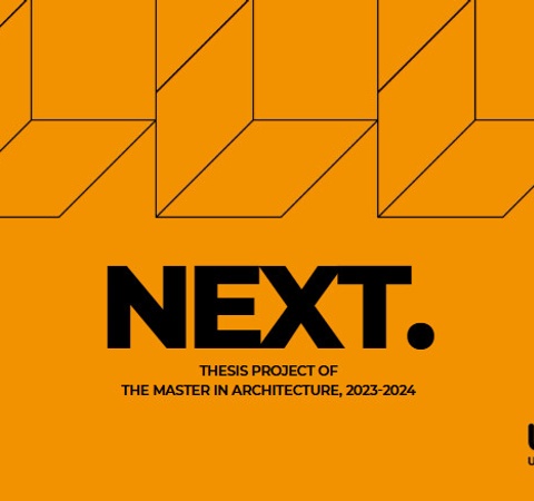 A vibrant orange poster showcasing the thesis project of the Master in Architecture for 2023-2024.