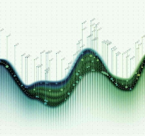 Abstract digital landscape resembling a fluctuating graph with peaks and valleys, highlighted by green and black patterns and dotted with vertical lines.