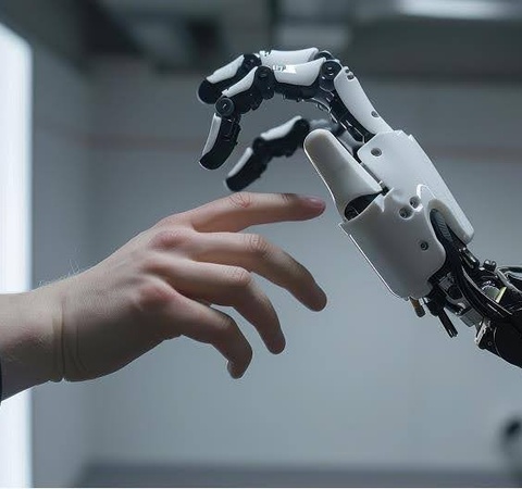 A human hand reaches out to touch a robotic hand.