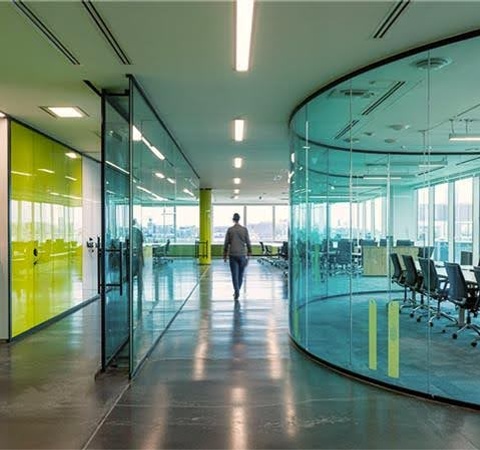 A modern office space with bright green and glass walls, featuring a person walking toward a conference room.