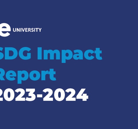 This is an image displaying the cover of the IE University SDG Impact Report for the year 2023-2024 on a blue background.