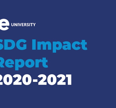 Graphic banner for IE University's SDG Impact Report covering the years 2020-2021, set on a blue background.