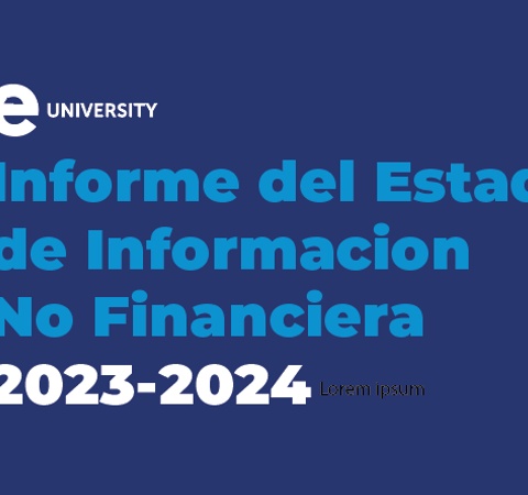 Promotional graphic for IE University focusing on a non-financial information report for 2023-2024.