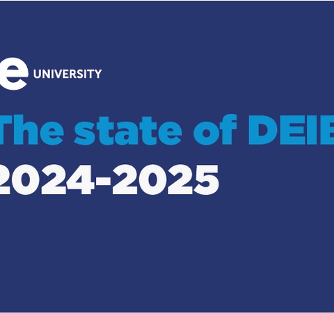 This image presents a report titled 'The state of DEIB 2024-2025' from IE University.
