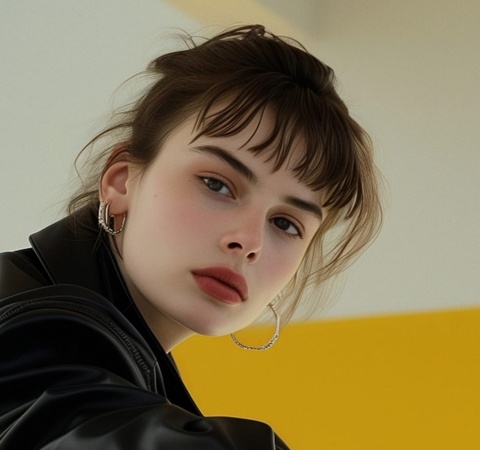 A young woman with bangs wearing a leather jacket poses against a yellow and white background.
