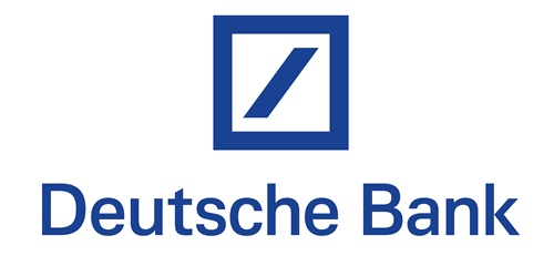 The logo of Deutsche Bank featuring a blue square with a diagonal line.