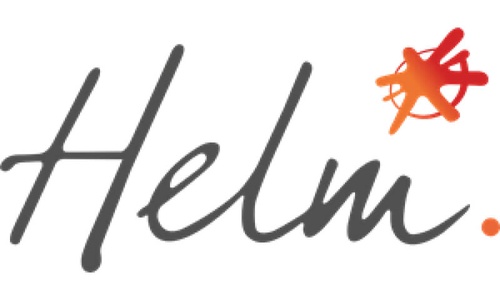 The image shows the logo of Helm, featuring stylized text with a graphic that resembles an abstract ship's wheel.