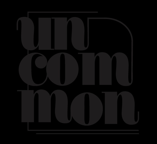 The image displays the word 'uncommon' in a stylized black font on a dark background.