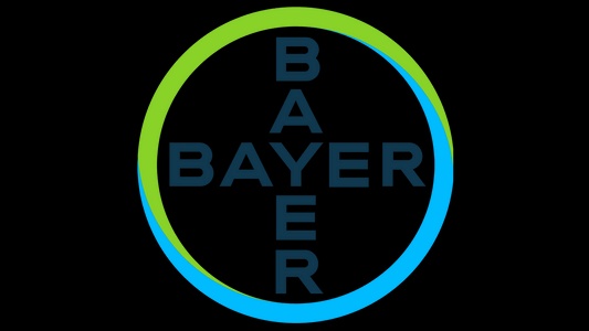 Logo of Bayer with letters strategically arranged inside a two-toned circle on a black background.