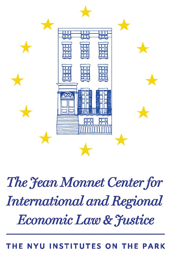 Promotional flyer for The Jean Monnet Center for International and Regional Economic Law & Justice at NYU, featuring a blue illustration of a building surrounded by stars.