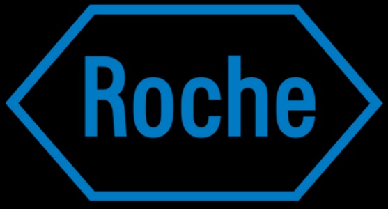 Logo of Roche on a blue hexagonal background.