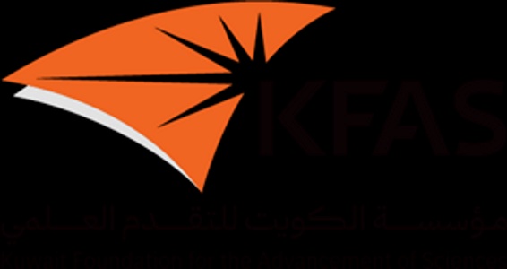 This is a logo featuring an orange and black design with the acronym 'KFAS' and Arabic script.