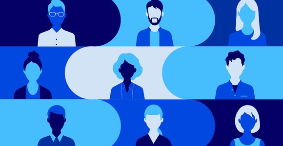 Illustration of multiple stylized people with varying hairstyles and outfits set against a blue background.