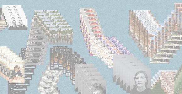 The image features a collage of various architectural designs and portraits arranged in a wavy formation.