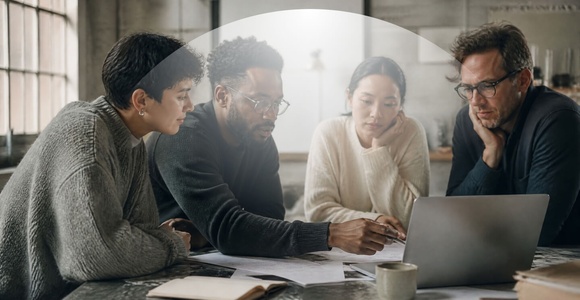 A group of four people collaborating around a laptop on a table covered with papers.