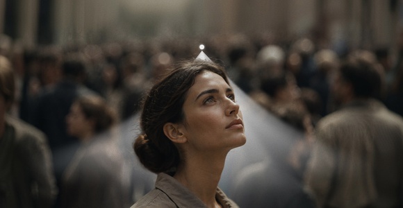 A woman gazes upward amidst a crowd, with a beam of light illuminating her face.