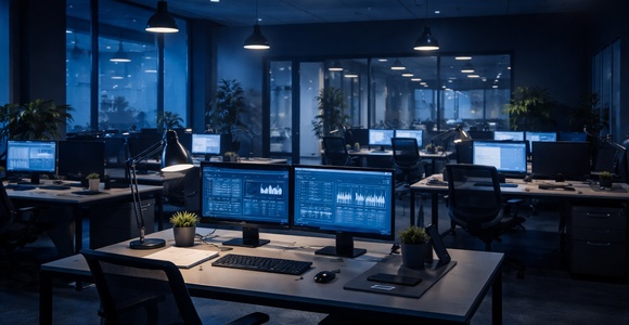 An empty office space with multiple computer desks and a dark ambiance.