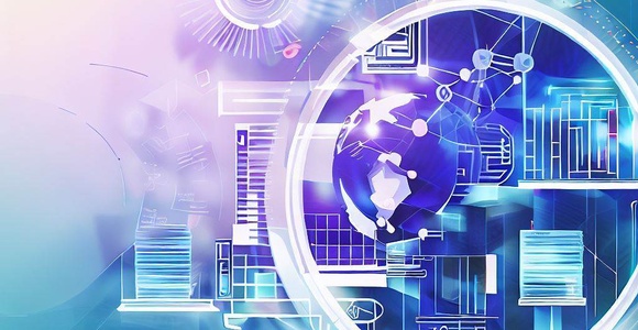 buildings and geometric figures that simulate the globe are painted inside a kind of gyroscope, as well as buildings with blue and purple tones.