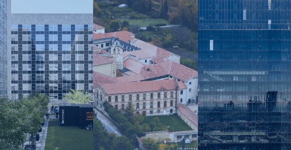 A collage of modern and historical architecture in an urban setting.