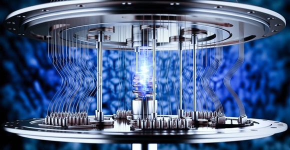 A futuristic representation of a quantum computer with glowing components.
