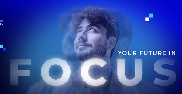 A promotional banner for IE Business School featuring a young man with the text 'Your Future In Focus'.