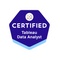 Logo of a Certified Tableau Data Analyst certification, featuring a hexagonal blue badge with stylized global grid.