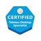 Logo of Certified Tableau Desktop Specialist certification with a blue hexagonal background.