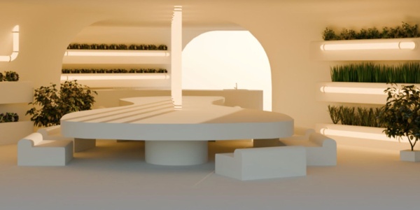 A modern interior with a circular table and greenery on shelves.