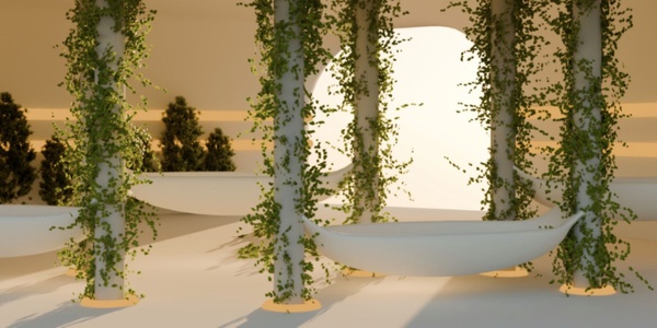 A modern interior space featuring white pillars adorned with green ivy, surrounded by soft lighting.