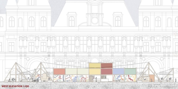 The image depicts a west elevation drawing of a historical building with colorful panels and scaffolding in the foreground.
