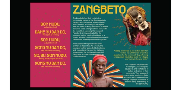A colorful informational poster about Zangbeto, a traditional voodoo guardian of the night, featuring images and text explaining its cultural significance.