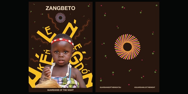 A young child wearing traditional attire and a headband stands against a backdrop with cultural symbols and text related to Zangbeto, a traditional voodoo guardian of the night.